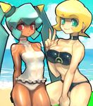  2girls aqua_hair bikini blonde_hair breasts cleavage dakusuta green_eyes long_hair looking_at_viewer matilda_caskett multiple_girls red_eyes rockman rockman_dash short_hair smile yuna_(rockman_dash) 