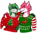  anthro canine clothed clothing duo female fur hair male mammal open_mouth porin smile standing teeth 