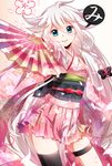  blue_eyes braid commentary_request fan floral_print hair_between_eyes happy_new_year ia_(vocaloid) iroha_karuta japanese_clothes kimono long_hair looking_at_viewer mismatched_legwear nengajou new_year obi paper_fan pink_hair sash single_thighhigh smile solo thigh_strap thighhighs tsujiori twin_braids uchiwa very_long_hair vocaloid 