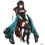  absurdres black_gloves black_hair black_legwear blue_eyes book breasts chair cleavage full_body gloves granblue_fantasy hairband highres idolmaster idolmaster_cinderella_girls long_hair medium_breasts parody sagisawa_fumika shawl signature sitting solo style_parody thighhighs yatsuka_(846) 