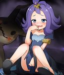  10s 1girl acerola_(pokemon) blush collarbone covering dress elite_four embarrassed flat_chest hair_ornament jewelry mimikyu_(pokemon) multicolored_dress nintendo open_mouth peeking_out pokemon pokemon_(game) pokemon_sm purple_eyes purple_hair shoes short_hair short_sleeves sitting torn_dress trial_captain wavy_mouth 