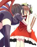  animal_ears ass asymmetrical_wings black_dress black_hair black_legwear cat_ears cat_tail chen commentary_request dress hat houjuu_nue ishikkoro jewelry kiss leaning_forward long_sleeves mob_cap multiple_girls multiple_tails pointy_ears red_dress short_dress single_earring surprised tail thighhighs touhou two_tails wings yuri 