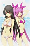  absurdres akame akame_ga_kill! arm_up bikini black_hair contrapposto hair_ribbon highres long_hair looking_at_viewer mine_(akame_ga_kill!) multiple_girls official_art pink_eyes pink_hair red_eyes ribbon smile standing swimsuit twintails 