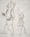  2016 2017 anthro black_and_white book canine clothed clothing crossed_arms disney duo female fox holding_object judy_hopps lagomorph male mammal monochrome monoflax nick_wilde pen rabbit simple_background standing traditional_media_(artwork) white_background zootopia 