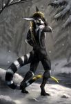  2017 anthro black_fur cat day digitigrade dragon feline fur green_eyes hybrid male mammal nude outside rhyu snow snowing solo standing 