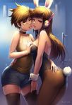  2girls animal_ears arched_back artist_name ass_grab bangs bare_shoulders black_legwear black_leotard blue_shorts blurry bracelet breast_grab breasts brown_hair brown_legwear bunny_ears bunny_tail bunnysuit cheek-to-cheek choker cleavage collarbone cowboy_shot d.va_(overwatch) detached_collar door eyelashes fake_animal_ears grabbing gradient hairband half-closed_eyes hand_on_another's_back hand_under_clothes head_to_head headphones highres jewelry large_breasts leotard light_particles long_hair looking_at_viewer medium_breasts mool_yueguang multiple_girls overwatch palms pantyhose saliva saliva_trail short_hair shorts sideways_glance sleeveless strapless strapless_leotard sunglasses swept_bangs tail tank_top thighhighs tongue tongue_out tracer_(overwatch) white-framed_eyewear yuri 