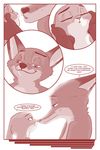  2017 akiric anthro canine comic dialogue disney duo english_text eye_contact female fox judy_hopps lagomorph male mammal monochrome nick_wilde nude rabbit red_and_white smile text zootopia 