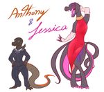  amphibian anthony_(carbisari) anthro arm_warmers brother brother_and_sister carbisari classy clothing dress eyelashes eyeliner female jessica_(carbisari) larger_female lipstick makeup male necktie nintendo pok&eacute;mon salamander salandit salazzle scalie sibling sister size_difference smaller_male suggestive suit thick_thighs video_games 
