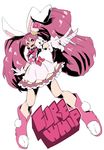  :d absurdres animal_ears boots bow bunny_ears cake_hair_ornament character_name cure_whip dress food_themed_hair_ornament full_body gloves hair_ornament highres katana_(life_is_beautiful) kirakira_precure_a_la_mode knee_boots long_hair looking_at_viewer magical_girl open_mouth pink_bow pink_eyes pink_footwear pink_hair precure smile solo twintails usami_ichika white_background white_dress white_gloves 