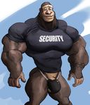  2016 5_fingers anthro ape biceps biped black_bottomwear black_clothing black_fur black_topwear black_underwear blue_background bulge clothed clothing dax_(evane) digital_media_(artwork) front_view fur gorilla huge_muscles humanoid_hands jockstrap looking_down male mammal muscular muscular_male portrait primate sarahbara_(artist) security shirt simple_background solo standing tattoo three-quarter_portrait torn_clothing underwear wardrobe_malfunction 