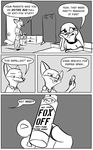  2016 anthro black_and_white bluedouble canine clothed clothing comic dialogue disney english_text female fox holding_object humor judy_hopps lagomorph male mammal monochrome musk nick_wilde rabbit text zootopia 