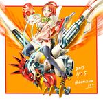  2017 bird breasts chinese_zodiac glowing glowing_wings happy_new_year japanese_clothes kamizono_(spookyhouse) kimono looking_at_viewer machinery mechanical_wings mechanization medium_breasts new_year open_mouth orange_background original red_hair robot short_hair sitting smile solo thighhighs wings year_of_the_rooster yukata 