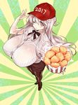  1girl 2017 breasts food fried_chicken full_body hat huge_breasts long_hair looking_at_viewer new_year one_eye_closed red_eyes red_hat smile solo standing white_hair wink 