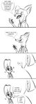  2017 anthro black_and_white bluedouble canine cellphone clothed clothing comic dialogue dilated_pupils disney duo english_text female fox humor judy_hopps lagomorph male mammal monochrome nick_wilde phone rabbit simple_background sparkle text white_background wide_eyed zootopia 