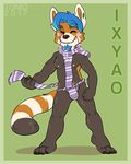  anthro barefoot border bulge clothing eyes_closed flat_colors full-length_portrait fundoshi green_background ixyao japanese_clothing male mammal nipples pecs plantigrade portrait red_panda scarf signature simple_background slim smile solo soul_patch spread_legs spreading standing tonio_(artist) underwear 