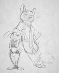  2016 anthro black_and_white canine clothed clothing crossed_arms disney duo female fox hand_on_hip judy_hopps lagomorph leaning male mammal monochrome monoflax necktie nick_wilde rabbit simple_background smile traditional_media_(artwork) white_background zootopia 
