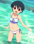  1girl :d bare_shoulders bikini brown_eyes child collarbone female flat_chest looking_at_viewer midriff navel open_mouth shiny shiny_skin short_hair side-tie_bikini smile solo standing striped striped_bikini sunson swimsuit wading water 