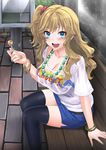  angelo_(gomahangetsu) bench black_legwear blonde_hair blue_eyes blush bracelet breasts bus_stop cleavage highres idolmaster idolmaster_cinderella_girls jewelry large_breasts long_hair looking_at_viewer necklace one_side_up ootsuki_yui open_mouth sitting smile solo thighhighs wet wet_clothes 