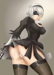  1girl android artist_request ass black_dress black_hairband black_legwear blindfold breasts cleavage dress gloves hairband holding holding_sword katana large_breasts leotard nier_(series) nier_automata shiny shiny_hair shiny_skin short_hair silver_hair solo sword thighhighs weapon yorha_unit_no._2_type_b 