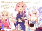  bangs blue_eyes blunt_bangs blush bottle brown_eyes brown_hair character_request chopsticks commentary_request eating english floral_print food glass hair_ribbon hairband happy_new_year holding japanese_clothes kimono long_hair looking_at_viewer mochi multiple_girls new_year open_mouth original pink_eyes pink_hair racer_(magnet) ribbon sake_bottle signature silver_hair translation_request wagashi 
