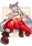 &gt;:) 1girl arm_behind_back baggy_pants bangs beige_shirt bow brown_legwear burning buttons closed_mouth commentary_request eyebrows_visible_through_hair eyes_visible_through_hair fire foreshortening fujiwara_no_mokou hair_bow hand_up head_tilt highres holding long_hair long_sleeves looking_at_viewer ofuda ofuda_on_clothes outstretched_arms outstretched_hand pants pose red_eyes red_pants shirt shoes silver_hair smile solo spread_legs squatting suspenders taut_clothes taut_shirt touhou v-shaped_eyebrows very_long_hair yostel 