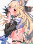  animal_ears back bangs bare_back black_gloves blonde_hair blush braid commentary_request erune eyebrows_visible_through_hair floating_hair from_side glove_pull gloves granblue_fantasy grey_background highres licking licking_hand long_hair looking_at_viewer low-tied_long_hair parted_lips red_eyes ryokucha_(i_cobalt) simple_background sleeves_past_elbows solo teeth tongue upper_body yuisis_(granblue_fantasy) 