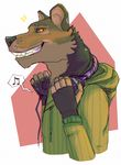  anthro clothed clothing headphones jeanwoof looking_at_viewer male mammal marsupial smile solo standing thylacine 
