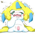  blush drooling half-closed_eyes japanese_text jirachi legendary_pok&eacute;mon looking_at_viewer male nintendo open_mouth penis pok&eacute;mon precum saliva shaking solo spread_legs spreading tapering_penis text tokemaru trembling video_games 