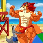  abs anthro beach bulge canine clothed clothing cute dong2fm dragon duo eyewear flexing fox future_card_buddyfight goggles goggles_on_forehead hair horn male male/male mammal muscular pecs seaside showoff sirus size_difference speedo standing sun_dragon_bal swimsuit topless 
