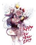  2017 ^_^ alcohol beer beer_bottle beer_mug bouncing_breasts breasts cleavage closed_eyes cup drunk hair_ornament happy_new_year highres holding holding_cup japanese_clothes kimono large_breasts long_hair nakatokung new_year original silver_hair solo thighhighs wings 