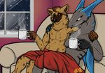  anthro arm_around_shoulders bedding black_nose blanket breasts brown_eyes brown_fur clothed clothing cozy cup duo female fish fur hand_on_shoulder hi_res hot_chocolate hot_cocoa hyena inside male male/female mammal marine may825 mostly_nude reef_shark shark spots spotted_fur topless winter 
