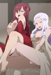  2girls areolae blue_eyes blush breasts breasts_outside brown_eyes erza_scarlet fairy_tail large_breasts long_hair looking_at_viewer mirajane_strauss multiple_girls nipples one_eye_closed open_mouth pussy pussy_juice red_hair white_hair yuri 