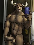  2016 abs anthro balls bgn biceps biped bovine brown_balls brown_eyes brown_fur brown_nipples brown_penis brown_tail buck_(evane) cattle cellphone detailed_background digital_media_(artwork) door erection front_view fur genital_piercing glans gold_(metal) hi_res holding_object holding_phone horn horn_ring humanoid_penis inside male mammal mirror muscular muscular_male nipple_piercing nipples nude open_mouth partially_retracted_foreskin pecs penis penis_piercing phone piercing pink_tongue portrait prince_albert_piercing pubes selfie solo standing story story_in_description tail_tuft teeth three-quarter_portrait tongue tongue_out tongue_piercing towel tuft uncut white_horn 