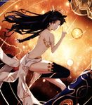  armlet asymmetrical_legwear asymmetrical_sleeves back barefoot black_hair dyolf fate/grand_order fate_(series) heavenly_boat_maanna ishtar_(fate/grand_order) long_hair long_legs looking_at_viewer planet red_eyes single_thighhigh solo thighhighs thighs twintails venus venus_(planet) 