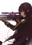  absurdres aiming bad_id bad_pixiv_id bangs belt black_gloves braid bullpup closed_mouth eyebrows_visible_through_hair finger_on_trigger french_braid from_side girls_frontline gloves gun hair_ribbon hands_up highres inxst long_hair long_sleeves one_side_up purple_hair red_eyes red_ribbon ribbon rifle scope serious shirt simple_background sniper_rifle solo very_long_hair wa2000_(girls_frontline) walther walther_wa_2000 weapon white_background 