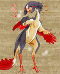  &lt;3 avian biped blush cum cum_drip cum_on_face cum_on_ground dripping feathers female isaki japanese_text looking_at_viewer nude semi-anthro solo standing tail_feathers text tongue tongue_out winged_arms wings 