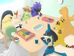  den_(burakitexiosu) dragonite eating food gardevoir gen_1_pokemon gen_2_pokemon gen_3_pokemon gen_4_pokemon gen_5_pokemon lilligant lucario mew mieu no_humans pokemon table typhlosion victini zoroark 