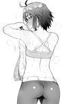  ahoge arm_up ass back bike_shorts blush cowboy_shot flat_ass greyscale highres idolmaster idolmaster_(classic) kikuchi_makoto looking_back monochrome open_mouth short_hair solo sports_bra sportswear sweat tsurui white_background 