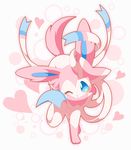  &lt;3 ambiguous_gender big_ears blue_eyes blush bow cute eeveelution feral fur looking_at_viewer nintendo one_eye_closed pink_fur pok&eacute;mon ribbons solo sylveon video_games walking white_fur wink ねる 