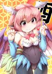  breasts bridal_gauntlets chicken_costume cleavage commentary_request cosplay elbow_gloves etotama fun_bo gloves head_wings highleg highleg_leotard highres leotard mystia_lorelei pantyhose pink_eyes pink_hair piyo-tan piyo-tan_(cosplay) small_breasts solo touhou trait_connection wings 