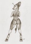  2017 anthro bare_back breasts butt ecmajor female hooves mammal nude okapi side_boob simple_background solo standing stripes white_background 