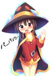  1girl belt blush brown_hair cape covering covering_crotch hat kono_subarashii_sekai_ni_shukufuku_wo! loli looking_at_viewer megumin red_dress red_eyes thesdros witch_hat 