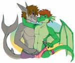  anthro bulge clothing dragon duo fish hair jeanwoof looking_at_viewer male male/male marine navel shark smile standing underwear wings 