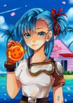  asymmetrical_hair bandaid bandaid_on_face blue_eyes blue_hair blue_sky brown_gloves bulma commentary day dragon_ball dragon_ball_(classic) dragon_ball_(object) gloves goggles goggles_around_neck hair_ribbon highres kame_house larienne lips long_hair one_side_up reflective_eyes ribbon shirt shoulder_pads sky solo t-shirt 