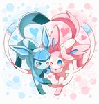 &lt;3 ambiguous_gender big_ears blue_eyes blue_fur blue_paws blush bow cute duo eeveelution feral fur glaceon looking_at_viewer nintendo paws pink_fur pink_paws pok&eacute;mon ribbons simple_background smile sylveon video_games walking white_fur ねる 