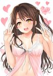  :d babydoll blush breasts brown_eyes brown_hair double_v half_updo harino646 heart idolmaster idolmaster_cinderella_girls lingerie long_hair looking_at_viewer medium_breasts navel one_side_up open_mouth shimamura_uzuki simple_background smile solo underwear underwear_only v 