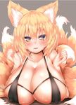  alternate_costume animal_ear_fluff animal_ears bangs bare_shoulders blush breasts cleavage collarbone commentary_request covered_nipples fox_ears fox_tail hair_between_eyes huge_breasts kyuubi looking_at_viewer multiple_tails no_hat no_headwear orange_hair parted_lips shiny shiny_skin short_hair smile solo sweat tail touhou upper_body wildcat_(kusonemi) yakumo_ran yellow_eyes 