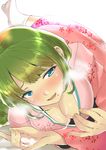  blue_eyes breasts cleavage cum cum_in_hands cum_on_body cum_on_upper_body fingernails green_hair highres japanese_clothes kantai_collection kimono kimono_pull long_sleeves looking_at_viewer lying medium_breasts mole mole_under_mouth no_shoes nukkoru on_bed on_side pink_kimono solo suggestive_fluid tabi white_background white_legwear wide_sleeves yuugumo_(kantai_collection) 