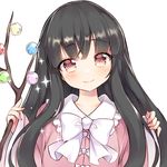  black_hair blush branch closed_mouth dress houraisan_kaguya jeweled_branch_of_hourai long_hair looking_at_viewer mugicha_(mugicha0929) pink_dress smile solo sparkle touhou upper_body wide_sleeves 