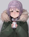  :3 blush brown_eyes coat collared_shirt commentary_request condensation_trail cup eyebrows_visible_through_hair fur_trim green_coat grey_background hair_flaps idolmaster idolmaster_cinderella_girls koshimizu_sachiko mossi purple_hair shirt short_hair sleeves_past_wrists smile solo winter_clothes winter_coat 